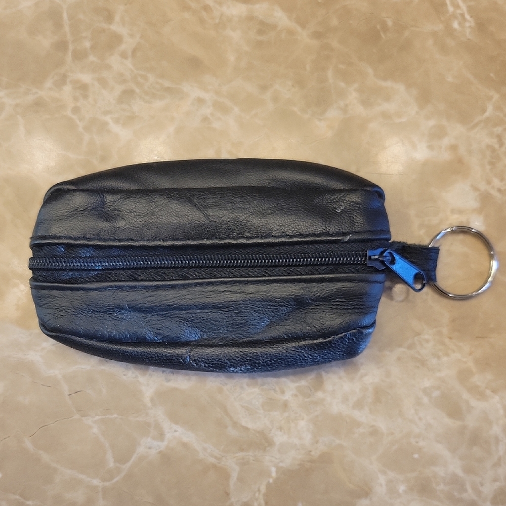 Black Compact Change Purse with Zippered Closure and Keyring